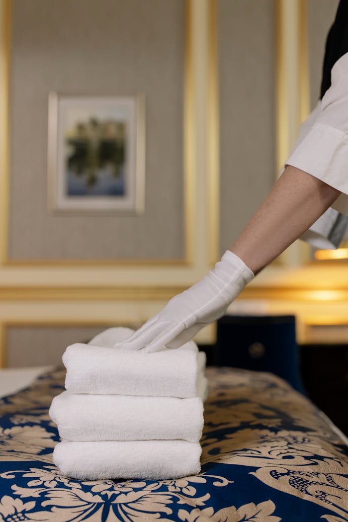 gallery-6 A hotel housekeeper in uniform arranges freshly laundered towels in a luxurious room.